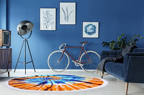 Benefeet Sox Beach Towel Large Round Mandala Pool Towels Tassels Microfiber Quick Dry Beach Blanket Throw Bohemian Roundie Swim Pool Circle Towel, 59 Inches - color: Tie Dye, Blue Orange