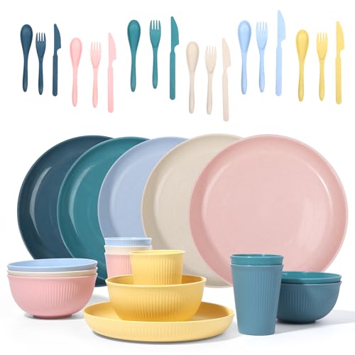 Wheat Straw Dinnerware Sets -DAPIPIK 36 Piece Unbreakable Dinnerware Sets for 6, Wheat Straw Plates and Bowls Set, Lightweight Camping Plates Cups and Bowls Set.Dishwasher Microwave Safe Dinnerware - color: Rich and colorful