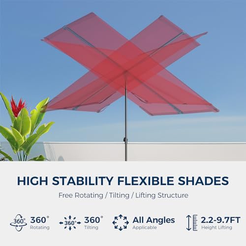 HOMSHADE 6x4ft Outdoor Balcony Umbrella - Flat Porch Pool Patio Umbrella Rectangular Canopy Shade UPF50+ UV Protection 360° Rotating & Tilting All Angles Applicable (Red, No Base) - color: Red