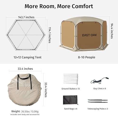 East Oak 10×10 FT Pop Up Canopy Tent with Mesh Walls | Outdoor Screen House with 6 Sunshades | Waterproof Gazebo with Carry Bag | Portable Shelter for Camping, Patio, and Beach | Beige - size: 10×10 Ft