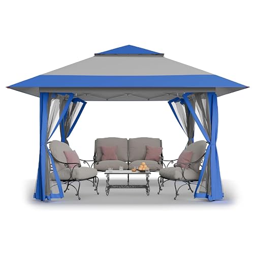 CROWN SHADES 13x13 Pop Up Gazebo, Canopy Tent, Gazebos on Clearance - Outdoor Gazebo for Backyard & Patio Furniture - Carpa Pop Up Tent with Wheeled STO-N-Go Cover Bag (Blue & Grey) - color: Blue & Grey, size: 13x13