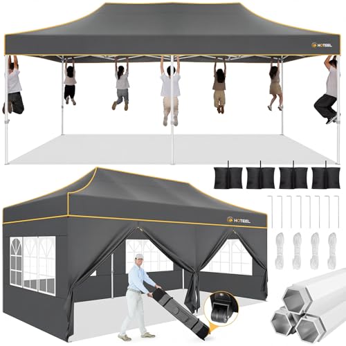 Hoteel 10x20 Pop Up Canopy Tent Heavy Duty with 6 Sidewalls, Waterproof Party Tent, Easy Set-up Commercial Instant Tents with Roller Bag & Sandbags, Hexagonal Leg (1-Year Warranty) - color: Gray, size: 10×20 （6 Walls）