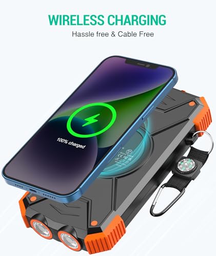 BLAVOR Solar Power Bank 10,000mAh, Portable Wireless Charger, 20W Fast Charging External Battery Pack with USB C for Cell Phones, Solar Panel Charging with Dual Flashlight for Camping - color: Orange