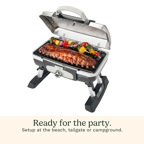 Cuisinart Petite Gourmet Portable Gas Grill, Compact Portable Grill Propane, 150 Sq. In. Cooking Surface, 5,500 BTU Burner Small Gas Grills for Camping, BBQ, Folding Legs and Carry Handles, Stainless - color: Petit Gourmet Tabletop Gas Grill, Stainless St