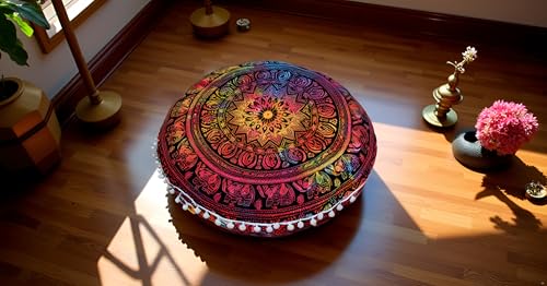 CRAFT KALA 32" Large Round Bohemian Floor Pillow Cover Boho Pouf Cover Mandala Meditation Room Pillows Cover Adults Seating Poufs Cushion Cover for Kids Reading Playroom Multi Elephant - color: Multi Elephant