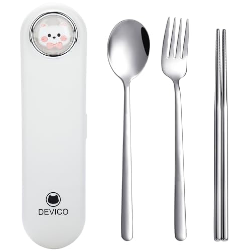 DEVICO Travel Utensils with Case Cute, Reusable Silverware for Lunch, Portable Cutlery Set, 18/8 Stainless Steel Fork Spoon Chopsticks in Cartoon Case, Dishwasher Safe (White) - color: White