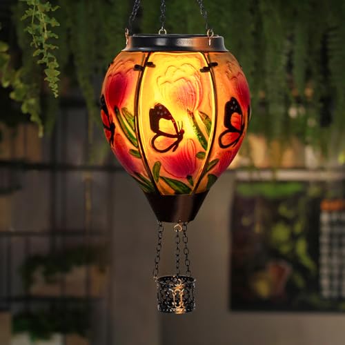 Butterfly Flower Solar Hot Air Balloon Lantern with Flame, Glass Balloon Lantern Outdoor Waterproof Lights, Hanging Solar Lights for Outside Garden Patio Porch Tree Yard Gift for Mom - color: Yellow Butterfly