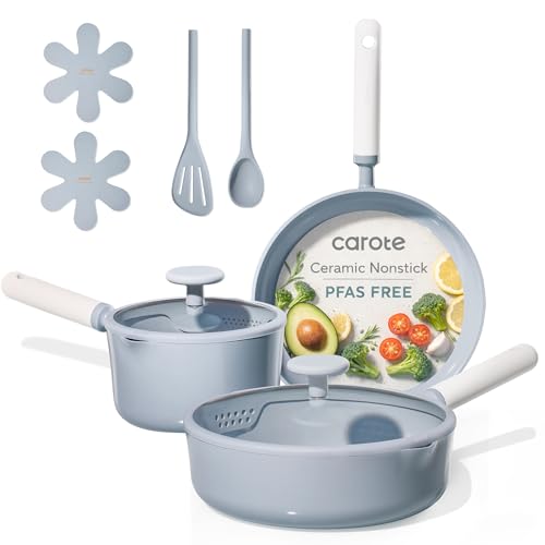 CAROTE Ceramic Cookware Set Nonstick, 9pcs Pots and Pans Set Non stick, Non-Toxic & PFAS-Free,Dishwasher, RV/Camping Cookware Set,Sauce Pan with Lid, Blue - color: Blue, size: Saucepan