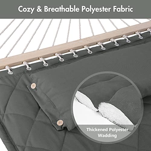 ANOW 2 Person Hammock with Spreader Bars and Detachable Pillow, Quilted Hammock for Outdoors Indoors, 450 LBS Weight Capacity, Gray - color: Grey, size: 2 Person Without Stand