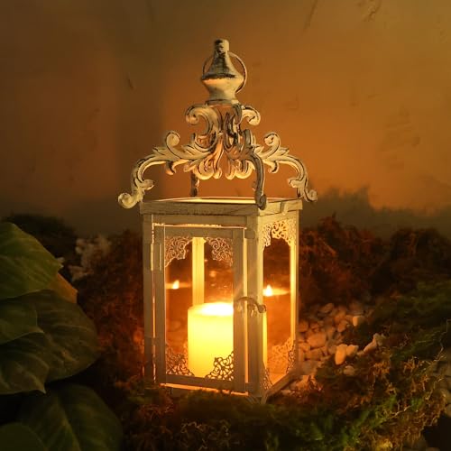 Large Candle Lantern, Decorative Hanging Lantern, Vintage Metal Tabletop Lantern for Outdoor Patio Rustic Home Decor, Candle Holders with Clear Glass (White) - color: White / 16'' / 1 Pc