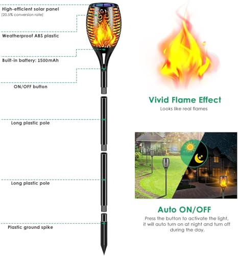TomCare Solar Lights Outdoor 99 LED Higher & Larger Flickering Flame Solar Torch Lights 43" Waterproof Outdoor Lighting Solar Powered Pathway Lights for Garden Patio Yard, 6Pack - color: Black, size: Large - 6 Pack