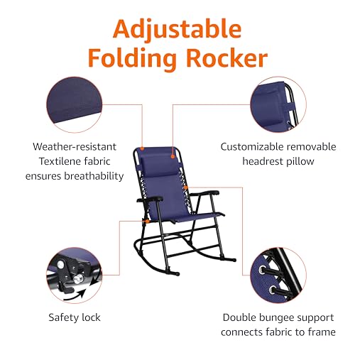 Amazon Basics Outdoor Portable Folding Rocking Chair with Headrest, Ergonomic Design, Weather-resistant Textilene Fabric for Porch, Blue - color: Navy Blue