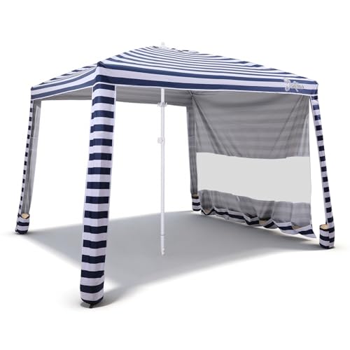 Jihfmo 8x8 Ft Large Beach Cabana Tent, UPF 100+ Windproof Sun Shelter for Family - 64 Sq Ft Big Shade Canopy with Sand Anchors & Cooling Silver Glue Coating, Easy Setup Portable Sunshade - Blue Stripe - color: Blue Stripes