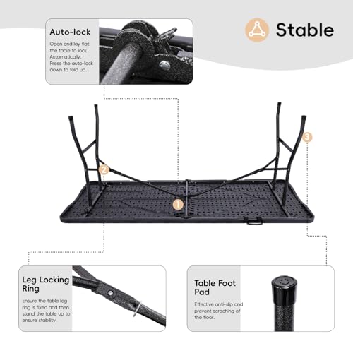 pollilar Folding Table 6FT HDPE 6 Foot Foldable Table Portable Banquet Surface Fold-in-Half Desk Utility for Working Meeting Parties, Picnic, Camping, Weddings, Catering, Garden Dining-Black - color: Black
