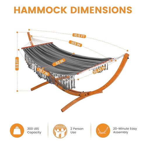Lazy Daze Hammocks 2 Person Cotton Fabric Hammock with Spreader Bars and 10.5 FT Wood Arc Hammock Stand, Double Hammock with Wood Stand, for Outdoor, Indoor, Patio, Backyard, Dark Gray - color: Dark Gray