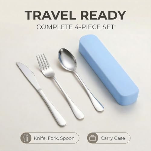 Portable Utensils Set,3-Piece Reusable Silverware,Travel Utensils with Case for Lunch Camping Picnic(Blue) - color: Blue
