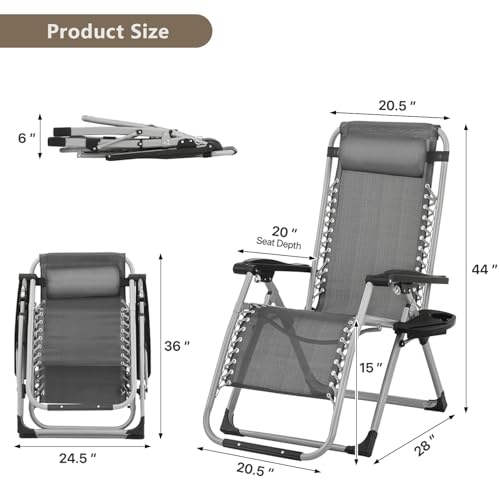 OS MOTOR Zero Gravity Chair, Portable Folding Reclining Lounge Chairs with Adjustable Cushion and Cup Holder Trays for Outdoor, Patio, Beach, Camping, Garden, Poolside, Gray - color: Grey