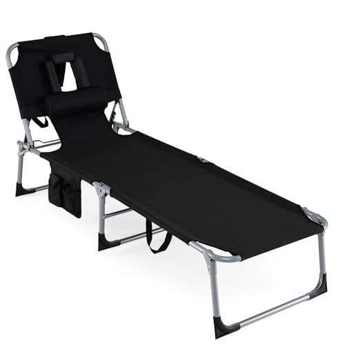 COSTWAY Tanning Chair with Face Hole, Folding Beach Lounge Chair with 4-Position Adjustable Backrest, Pillow & Side Pocket, Foldable Chaise Lounge Chair Outdoor for Sunbathing, Camping (1, Black) - color: Black