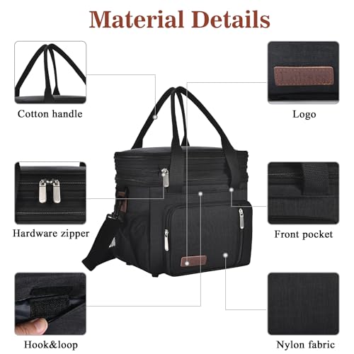 Lunch Box & Lunch Bag for Men Women, Large Insulated Adult Lunch Box Leakproof Lunchbox Cooler Bag for Work Picnic Beach,16L, Black - color: Midnight Black