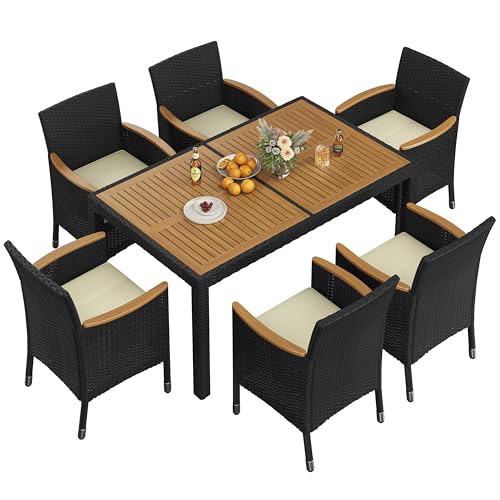 Yaheetech 7 Piece Patio Furniture Set, Outdoor Dining Acacia Wood Table Top Rattan Conversation with Soft Cushions, 6 Chairs & 1 Table for Backyard, Deck, Garden & Yard, Black/Beige