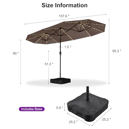 PURPLE LEAF 13ft Patio Market Umbrella with Solar LED and Base Double-Sided Rectangle Outdoor Table Sun Umbrellas with Crank for Pool Beach Deck Backyard Taupe - color: Taupe, size: 13' X 7' with Lights