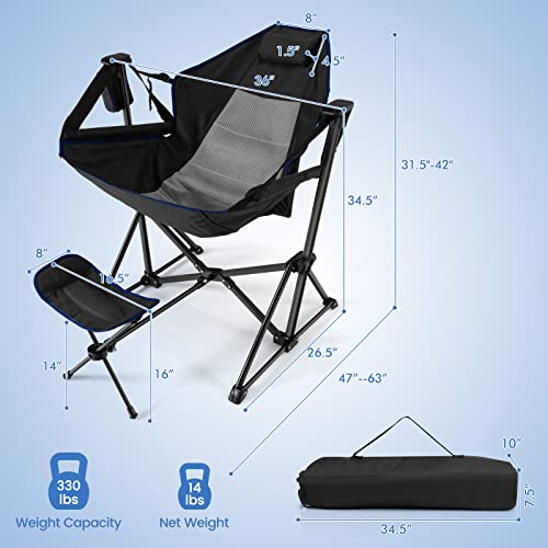 HAPPYGRILL Hammock Camping Chair Folding Camping Swinging Chair with Retractable Footrest, Cozy Head Pillow, Carrying Bag, Portable Lightweight Rocking Chair for Camping Fishing Picnic - color: Black 1 Pack