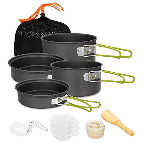 Gutsdoor Camping Cookware Set Camping Gear Campfire Utensils Non-Stick Cooking Equipment Lightweight Stackable Pot Pan Bowls with Storage Bag for Outdoor Hiking - style: 11pcs (Green)