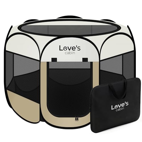 Love's cabin Pet Puppy Dog Playpen, Small Dog Tent Crates Cage Indoor/Outdoor, Portable Playpen for Cat, Foldable Pop Up Dog Kennel Playpen with Carring Case, Removable Zipper Top, Khaki - color: Khaki, size: 25.0"L x 25.0"W x 17.0"H