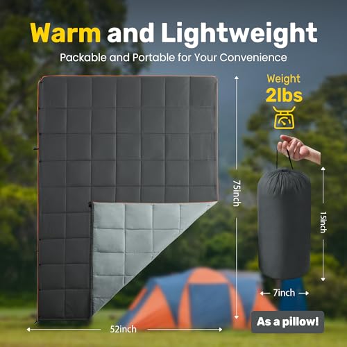 UNIKOME Waterproof Puffy Camping Blanket - Lightweight Packable Outdoor Quilt with Snaps & Corner Loops, Warm Compact Blanket for Cold Weather Hiking Picnic Stadium Travel, 75"×52", Grey&Light Grey - color: 03 Grey&light Grey