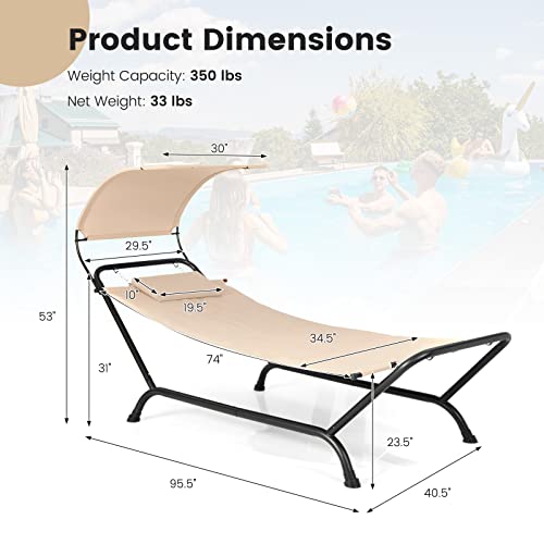 Tangkula Hammock with Stand Included, Heavy Duty Outdoor Hammock with Adjustable Canopy, Rustproof Metal Stand, Pillow, Storage Pocket, Hammock Bed with Stand for Backyard Lawn Poolside (Beige) - color: Beige
