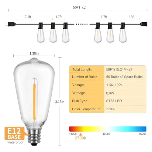 100FT LED Outdoor String Lights with 52 Waterproof Shatterproof ST38 Vintage Edison Bulbs, Outside Lights for Patio Lighting Cafe, Bistro, Backyard, 2700K Dimmable - color: Black Wire, size: ST38 100FT