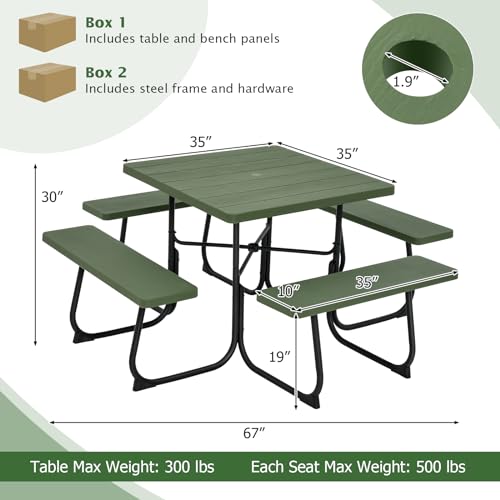Giantex Picnic Table Set for 8 Persons, Outdoor Table and Bench with Umbrella Hole, HDPE Top & Metal Frame, 500LBS Capacity, Square Patio Table Bench for Deck Backyard Garden (Green) - color: Green, size: Square-35"x35"x30"