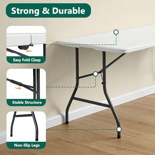 Folding Table 5FT Heavy Duty Plastic Table with Handle, Foldable&Portable, Fold-in-Half Utility Tables for Outdoor, Dining, Wedding, Events, Indoor, Picnic, Camping, Party,Khaki - color: White, size: 5FT