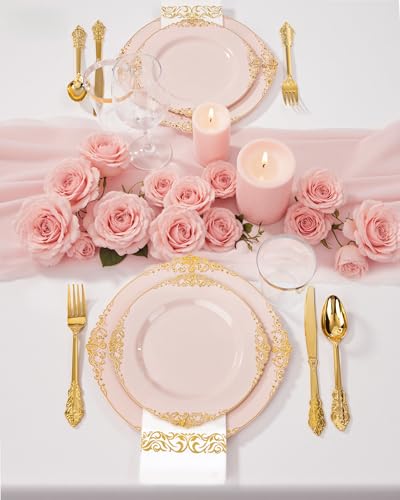 Nervure 350PCS Pink Plastic Plates - Pink Plastic Dinnerware Sets for 50 Guests - 100 Disposable Plates, 150 Gold Silverware, 50 Cups, 50 Napkins Perfect for Wedding & Party & Mothers Day - color: Pink