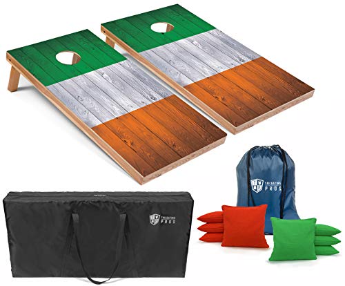 Tailgating Pros Regulation Cornhole Boards Flag Set - Includes 8 Bean Bags, Carrying Cases, and 4'x2' Corn Hole Toss Game w/Ring Light - color: Ireland Flag