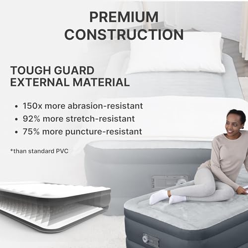 SleepLux Twin Air Mattress | Supersoft Snugable Top, Extra Durable Tough Guard with Built-in Pillow | Raised 18" Airbed with Built in Pump + USB Charger (69086E) , Grey - style: Twin ToughGuard 18"