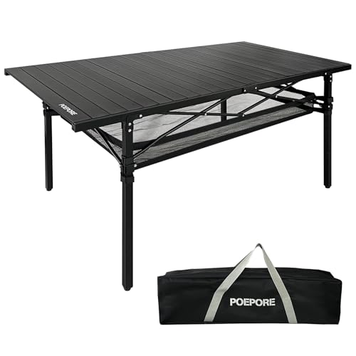 Large Folding Camping Table Aluminum with Storage for 4-6 People 55"X27.5" Roll Up Tall Outdoor Portable Table Lightweight with Carry Bag for Picnic BBQ Backyard Beach - color: Black-55*27.5-2.08in Panel