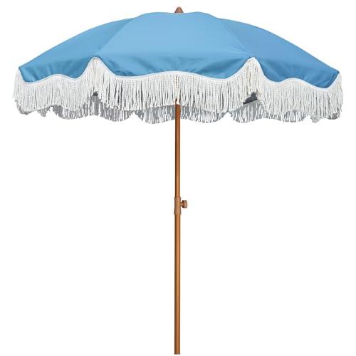 AMMSUN Boho Fringe Umbrella Outdoor Patio, 6.5ft UPF50+ Picnic Umbrella with Tassels with Steel Pole and Push Button Tilt, Blue - color: Blue