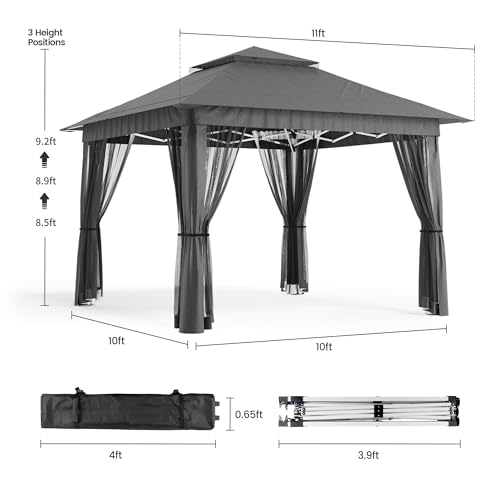 Bealife 11x11 Pop Up Gazebo Tent with Mosquito Netting, Instant Gazebo, Party Tent with Roller Bag, Pop Up Canopy Tent for Parties Patio Lawn Backyard Garden Deck, Grey - color: Gray