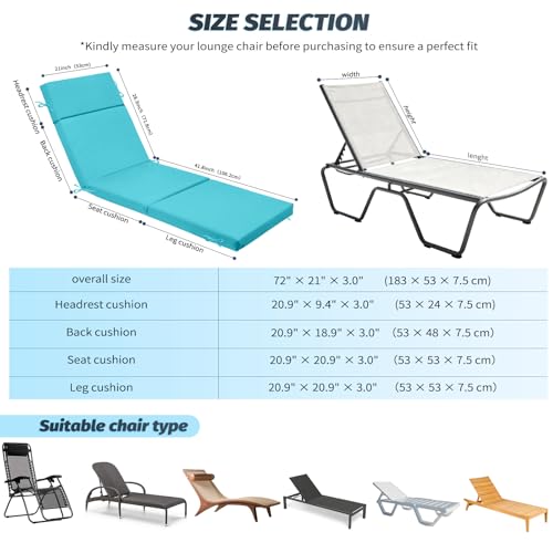 2 Pcs Outdoor Chaise Lounge Cushion 72" x 21" x 3", 4-Section Folding Patio Lounge Chair Cushion with Ties, Waterproof & Fade Resistant Replacement Cushion for Pool, Patio, Deck (Teal, 2 Pcs) - color: Teal, size: 2 Pcs