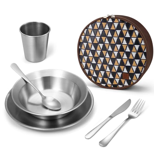 Odoland Stainless Steel Camping Mess Kit for Family & Person, Cooking Tableware Utensils with Plates Bowls Forks Spoons Knives & Savings Bag for Camping, Backpacking, Hiking, Picnic - style: 1 Person Set
