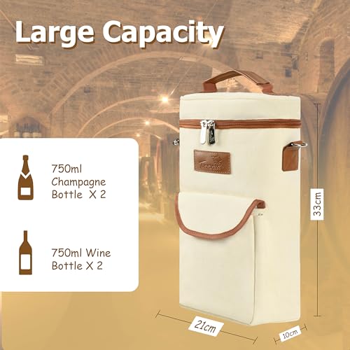 Tirrinia 2 Bottle Wine Gift Tote Carrier - Leakproof & Insulated with large pockets Wine Cooler Bag for Travel, Wine Tasting, Party, Dinner, Great Gift for Wine Lover - color: Beige, size: 2 Bottle-with front pocket