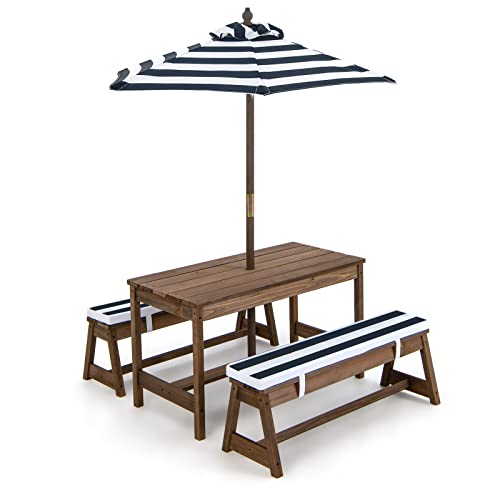 KOTEK Kids Picnic Table with Umbrella Foldable, Backyard Wooden Table & Bench Set w/Removable Cushions, Activity Art Play Table, Indoor Outdoor Toddler Picnic Table for Patio, Lawn & Garden (Blue) - color: Blue
