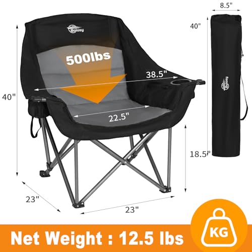 Bolosy Oversized XL Camping Chairs for Adults Heavy Duty Support 500 lbs Outdoor Folding Chairs Padded Portable Lawn Chairs Camp Chairs with Cup Holder - color: Black & Grey Plus Size, size: Single Pack