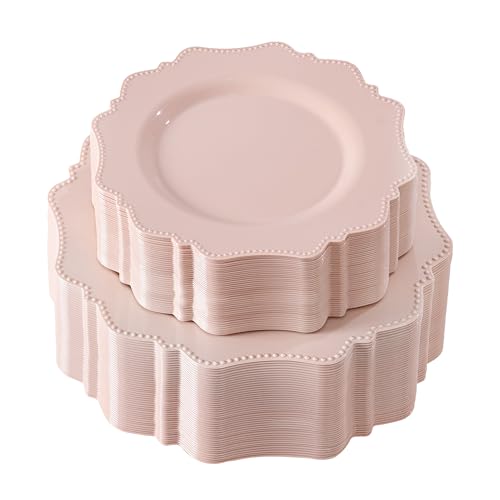 COLOSUS 100 pcs Pink Plastic Plates Set, Nice Disposable Plates,Pink Disposable plates Set for 50 Guest include 50 Dinner Plate 10.5 &50Dessert plates 8.25 for Party,Wedding, Birthday,Mother's Day - color: Pink