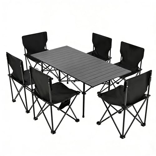 Camping Table Folding Portable Camp Table with 6 Chairs, Folding Picnic Table with Carry Bag Indoor Outdoor for Camping, Beach, Patio, RV, Backyard BBQ, Sturdy, Stable, Easy to Carry, Black - size: 22*46.8*19.5inch + 6 chair