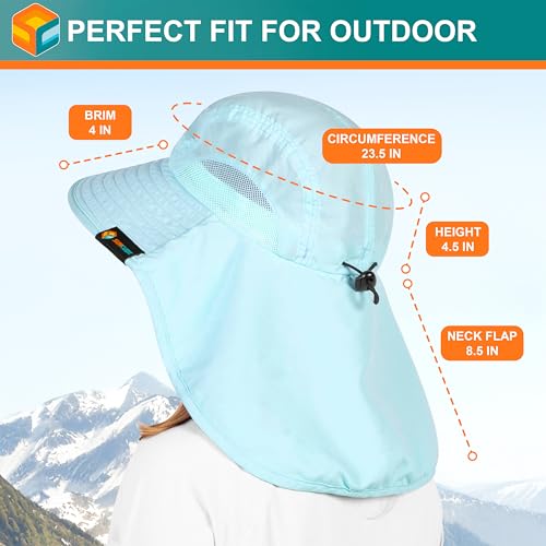SUN CUBE Wide Brim Sun Hat with Neck Flap, UPF50+ Hiking Safari Fishing Hat for Men Women, Sun Protection Beach Hat - color: Light Blue