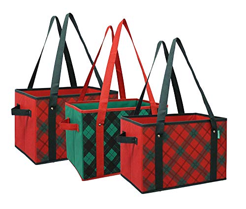 Earthwise Deluxe Collapsible Reusable Shopping Box Grocery Bag Set with Reinforced Bottom Plaid Holiday Xmas Christmas Design Storage Boxes Bins Cubes (Set of 3) (Holiday) - color: Green