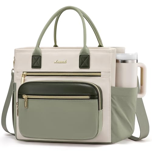 LOVEVOOK Insulated Lunch Bag Women,Wide Opening Adult Lunch Box Women,Leakproof Cooler Bag for Work Picnic Beach Family College,Lunch Teacher Tote Bag with Adjustable Shoulder Strap and Cup Holder - color: Off White with Green, size: X Large —18l