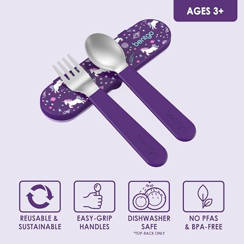 Bentgo Kids Stainless Steel Utensil Set - Reusable Fork, Spoon & Storage Case, PFAS- & BPA-Free, Easy-Grip Handles, Lightweight, Dishwasher Safe, School Lunch, Travel & Outdoors (Unicorn) - color: Unicorn
